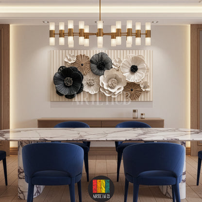 Premium 3D floral canvas wall art featuring black and white textured flowers on a ribbed background, styled in a luxury modern dining room in Egypt.