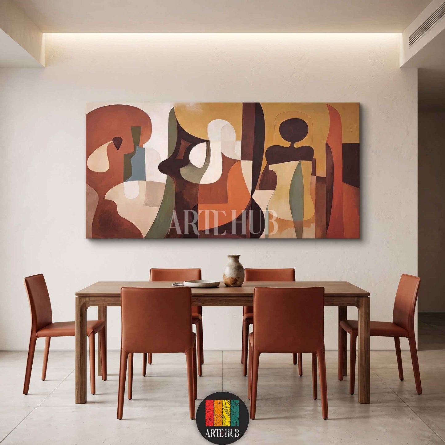Large horizontal canvas wall art featuring abstract geometric shapes in terracotta and ochre tones, styled in a contemporary minimalist dining room in Egypt.