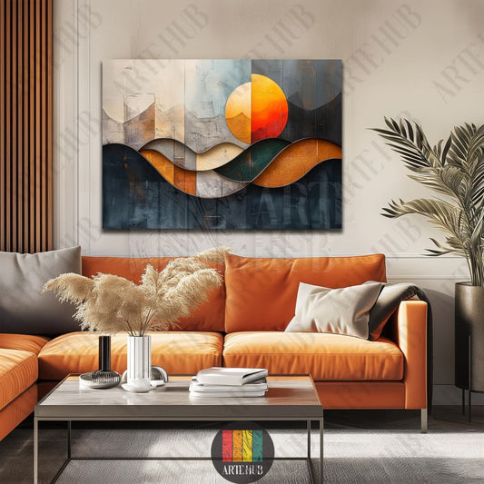 Large-scale modern abstract canvas wall art with a vibrant orange sun and teal layered curves, styled in a luxury Egyptian living room.