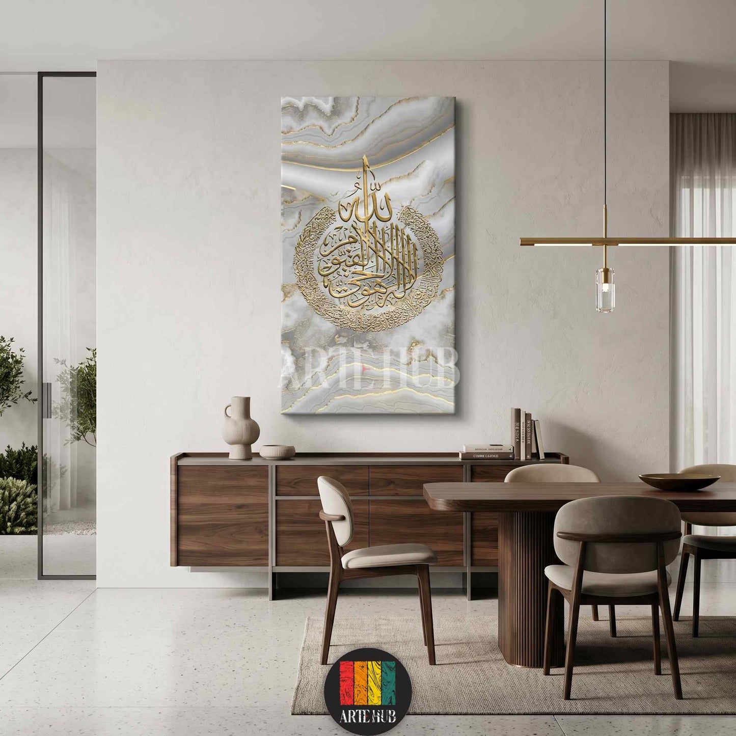 Modern vertical canvas wall art with golden Arabic calligraphy on white marble background, styled in a luxury dining room setting in Egypt.