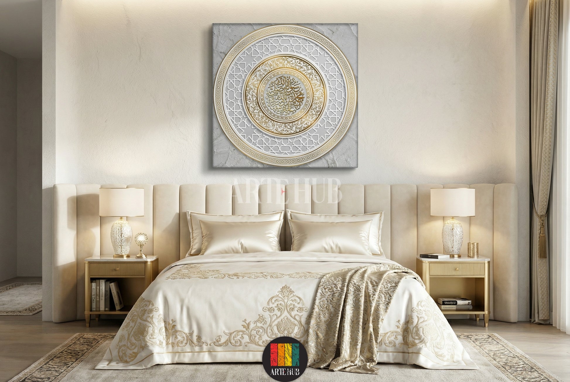 Luxury square canvas wall art with golden Arabic calligraphy and intricate geometric patterns on a textured grey background for modern home decor in Egypt.