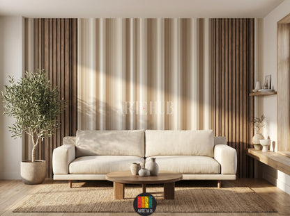 A luxurious living room featuring vertical wood slat wallpaper in neutral and brown tones behind a cream sofa, exemplifying modern wall decor in Egypt.
room: living room