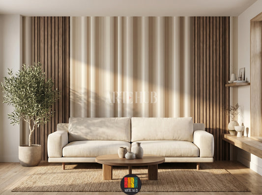 A luxurious living room featuring vertical wood slat wallpaper in neutral and brown tones behind a cream sofa, exemplifying modern wall decor in Egypt.
room: living room
