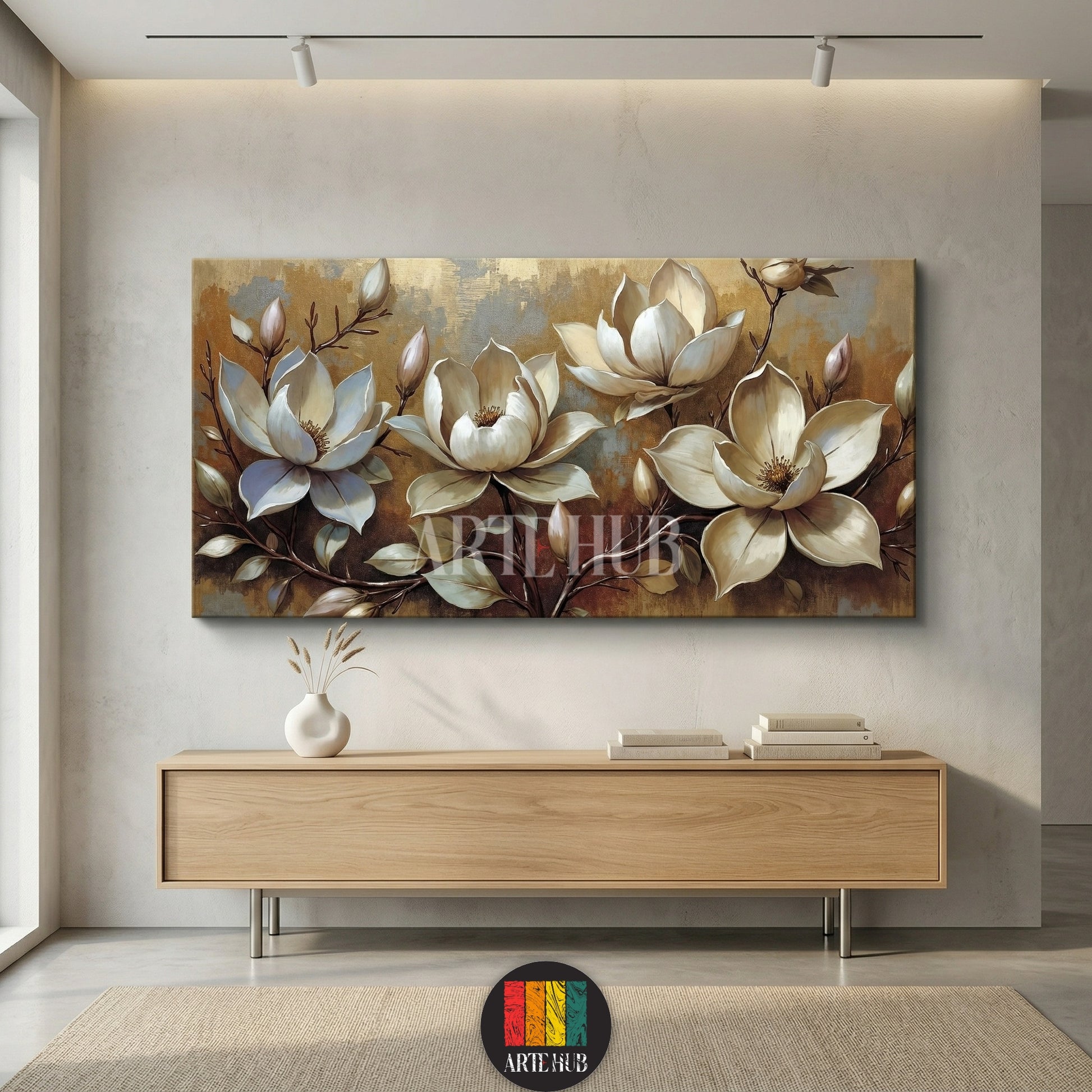 A panoramic luxury canvas wall art featuring oversized white magnolia blossoms on a textured gold and bronze background, perfect for modern home decor.
