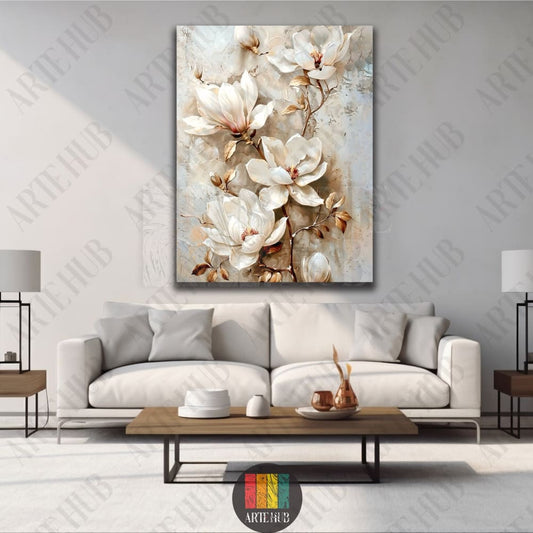 Elegant white magnolia flowers canvas wall art with an oil-painted texture, ideal for modern living room decor in Egypt.