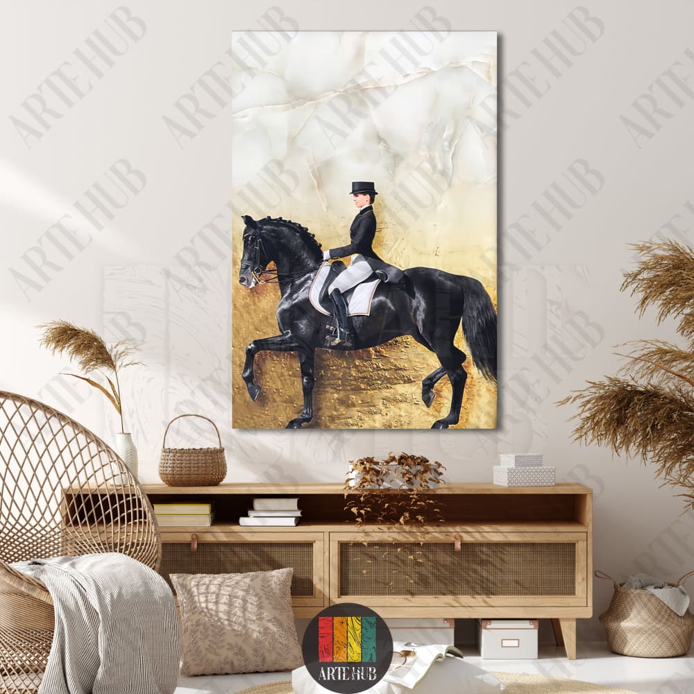 A professional rider on a black dressage horse against a gold and white textured background, premium canvas wall art for luxury home decor in Egypt.