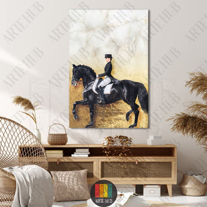 A professional rider on a black dressage horse against a gold and white textured background, premium canvas wall art for luxury home decor in Egypt.