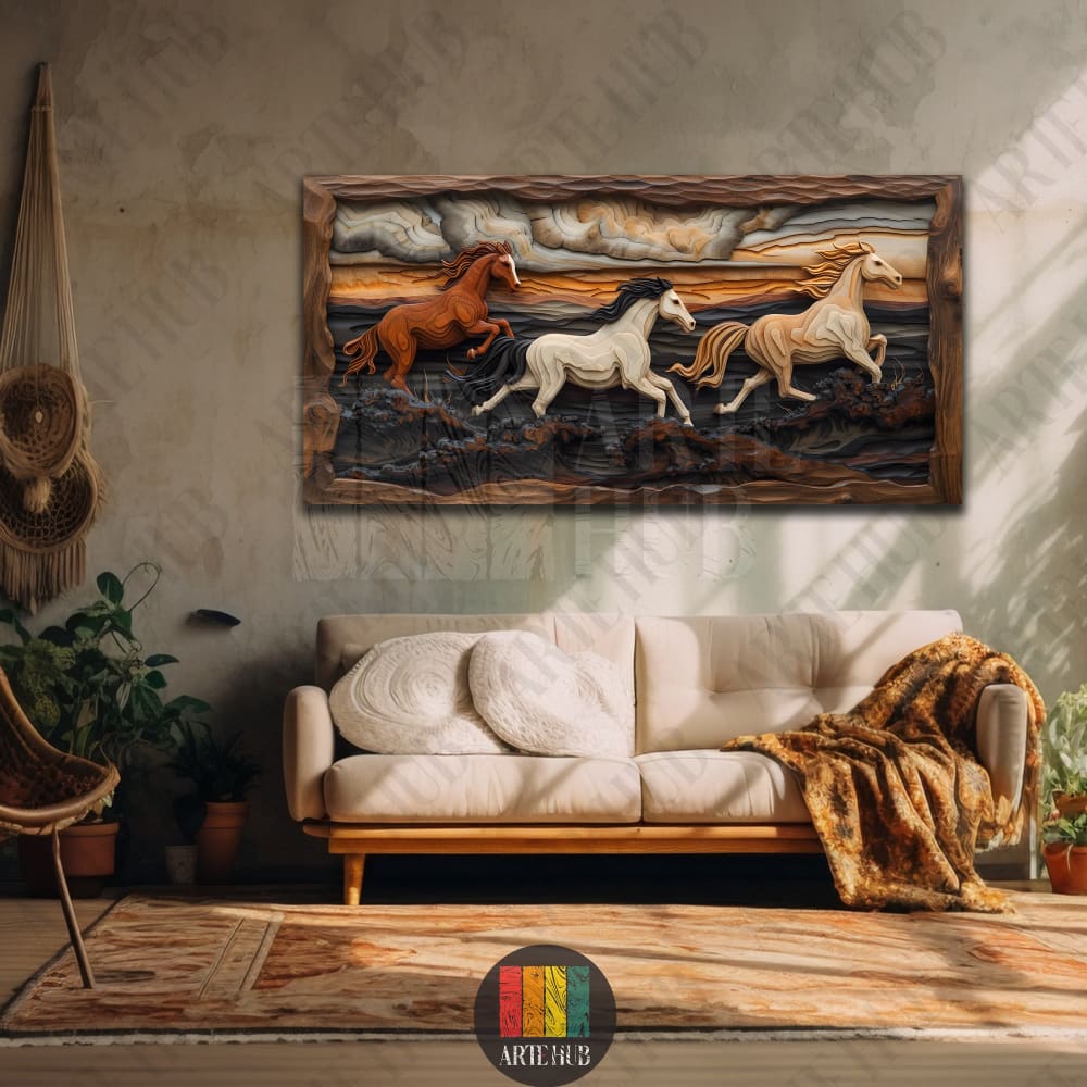 A high-end 3D layered canvas wall art depicting three stallions in motion, styled for luxury home decor in Egypt.