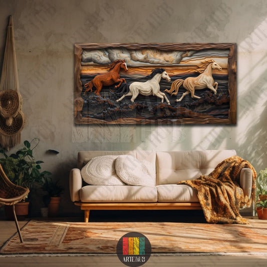 A high-end 3D layered canvas wall art depicting three stallions in motion, styled for luxury home decor in Egypt.