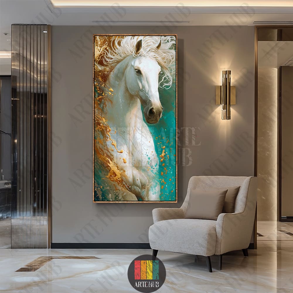 A stunning white horse with a golden flowing mane and turquoise backdrop on a premium canvas wall art piece, displayed in a luxury Egyptian living room.