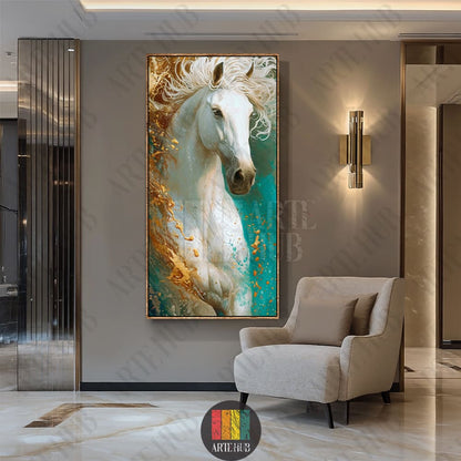 A stunning white horse with a golden flowing mane and turquoise backdrop on a premium canvas wall art piece, displayed in a luxury Egyptian living room.