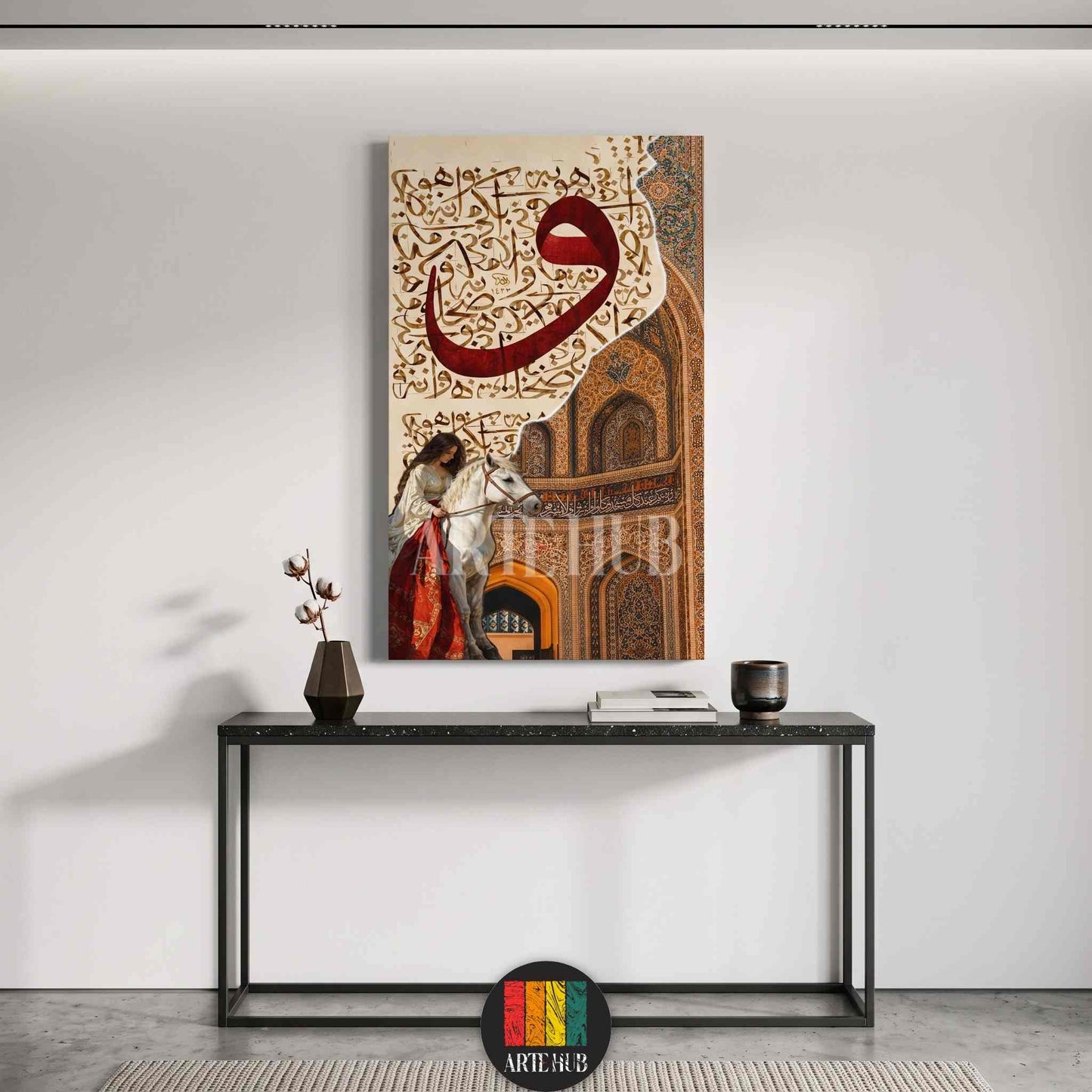 A vertical canvas wall art featuring a woman riding a white horse beside intricate Islamic architecture and a large red Arabic letter Waw in artistic calligraphy.