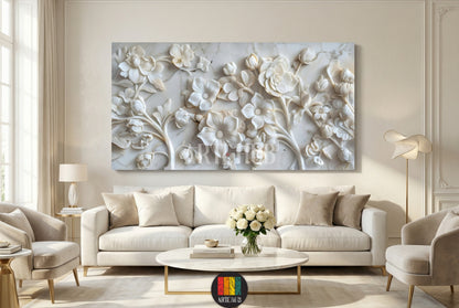 Detailed 3D marble-effect floral carving on a canvas wall art panel, styled in a minimalist beige living room, luxury home decor in Egypt.
