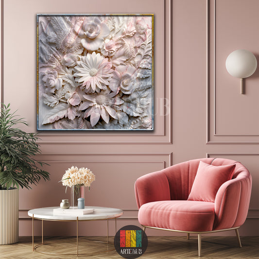 Premium 3D-effect floral canvas wall art featuring white marble roses and daisies in a luxury Egyptian living room setting.