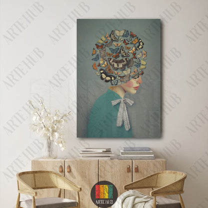 Surrealist canvas wall art featuring a woman with a magnificent crown of colorful butterflies, perfect for luxury home decor in Egypt.