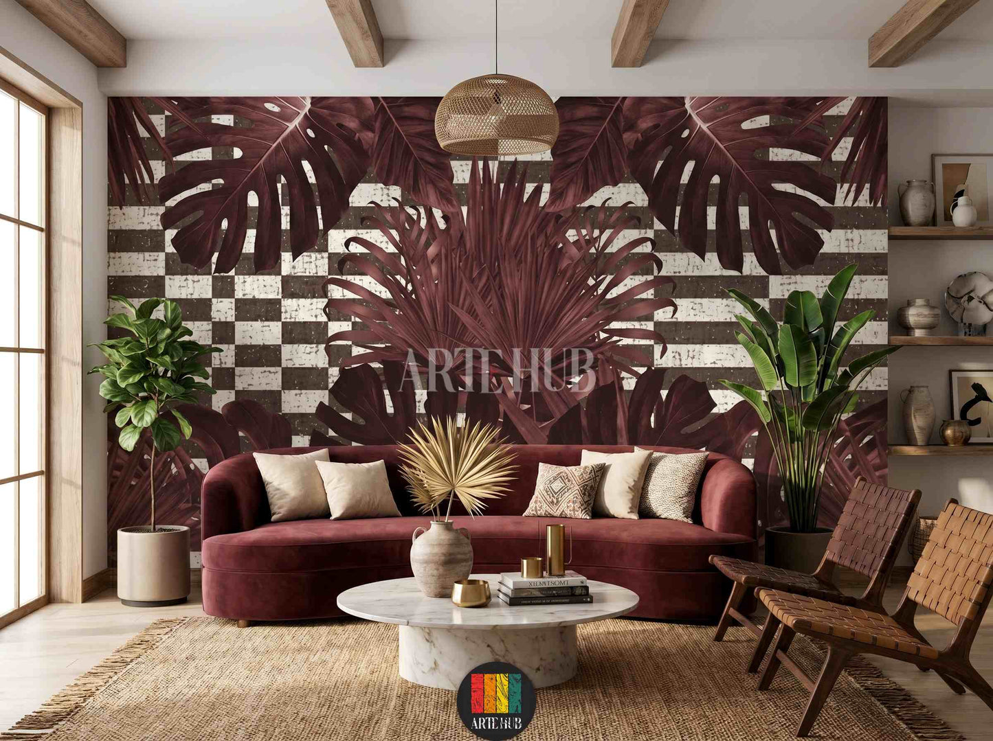 Luxury maroon monstera and palm leaf botanical wallpaper featuring a textured checkered background in a contemporary living room design, Egypt.
room: living room