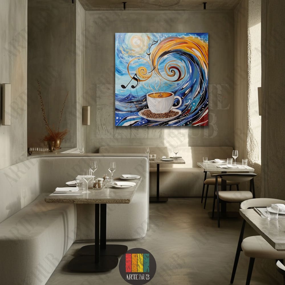 Abstract canvas wall art featuring a steaming coffee cup, musical notes, and blue wave patterns for luxury modern decor in Egypt.