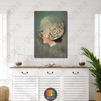 A surreal portrait canvas wall art piece featuring a woman with butterflies emerging from a celestial headpiece, styled for luxury Egyptian home decor.
