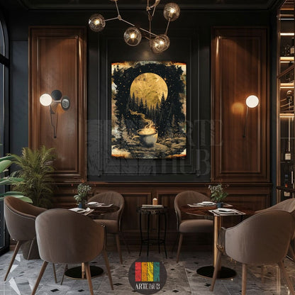 A premium canvas wall art piece depicting a glowing gold moon over a dark forest with a steaming coffee cup, ideal for modern luxury home decor in Egypt.
