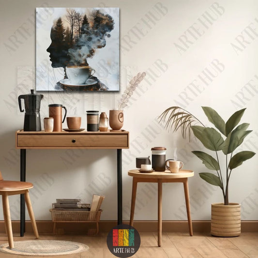 Double exposure style canvas wall art depicting a woman's profile silhouette made of a misty forest and steam from a coffee mug.