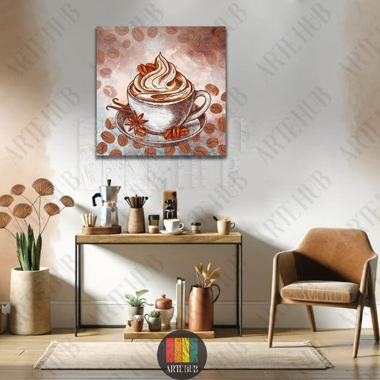 A detailed illustration of a frothy coffee cup with cream and scattered beans on square canvas wall art for modern kitchen decor in Egypt.