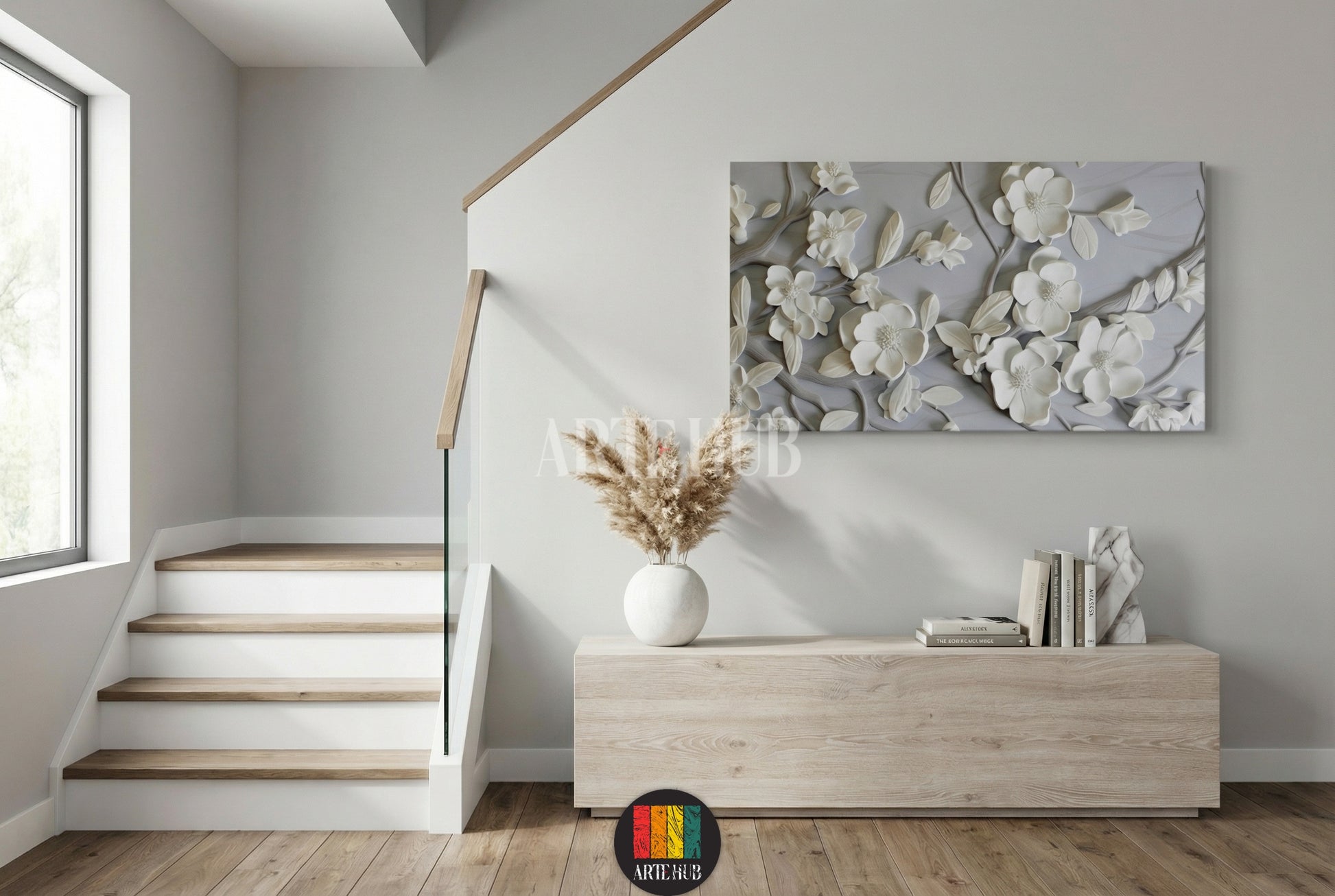 A premium horizontal canvas wall art featuring a sculpted 3D-style white floral design displayed in a minimalist room with wooden accents and neutral tones in Egypt.