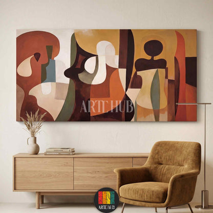 Large horizontal abstract canvas wall art featuring organic shapes in earthy terracotta, ochre, and sage green tones above a wooden sideboard.