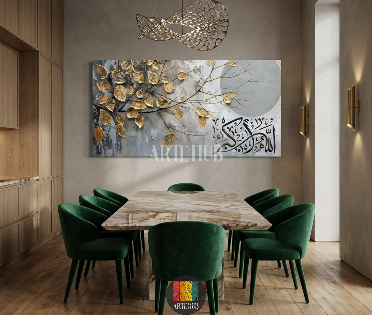 Large horizontal canvas wall art featuring 3D gold leaves, a textured moon, and elegant black Arabic calligraphy on a grey abstract background in a modern dining room.