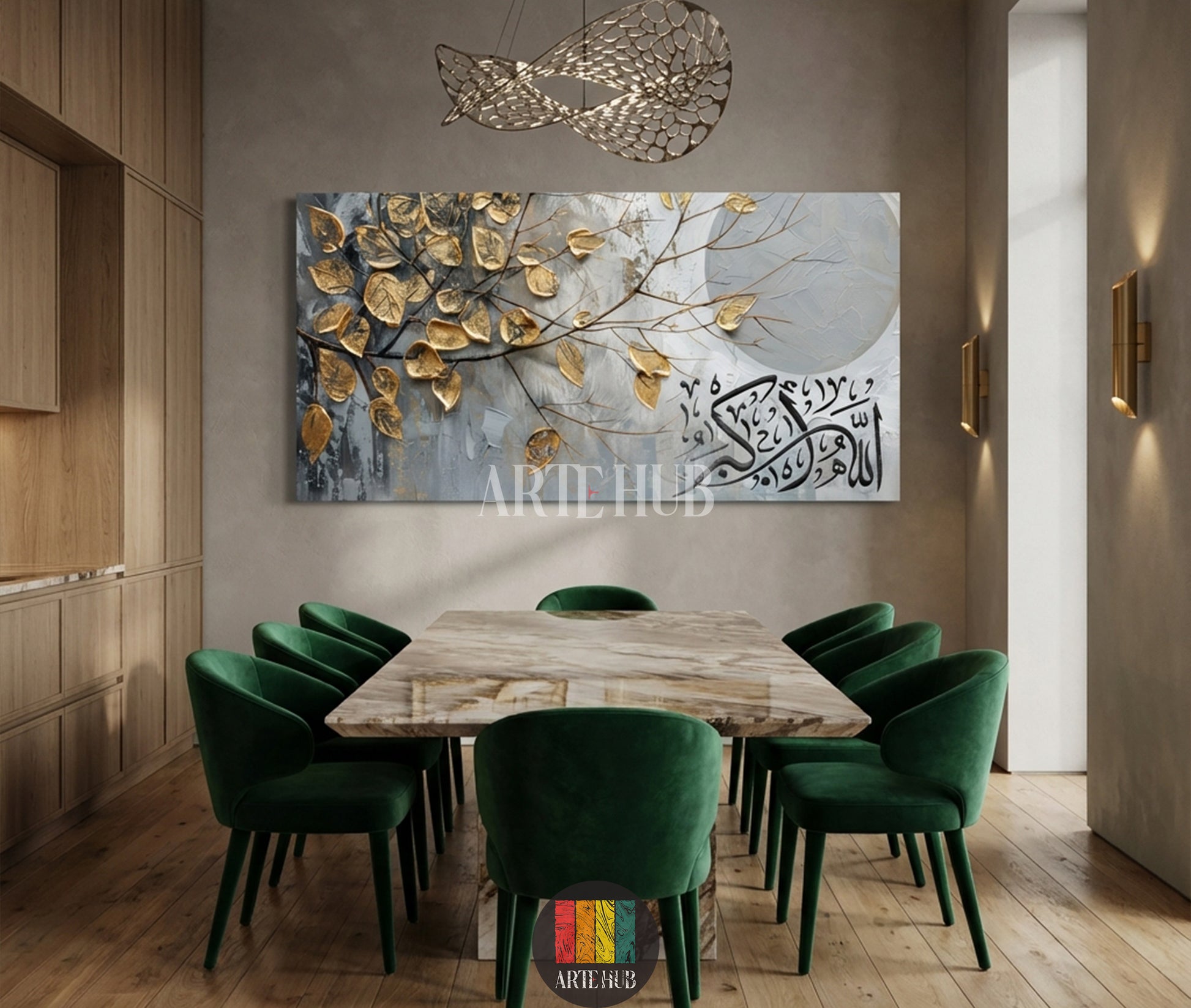 Large horizontal canvas wall art featuring 3D gold leaves, a textured moon, and elegant black Arabic calligraphy on a grey abstract background in a modern dining room.