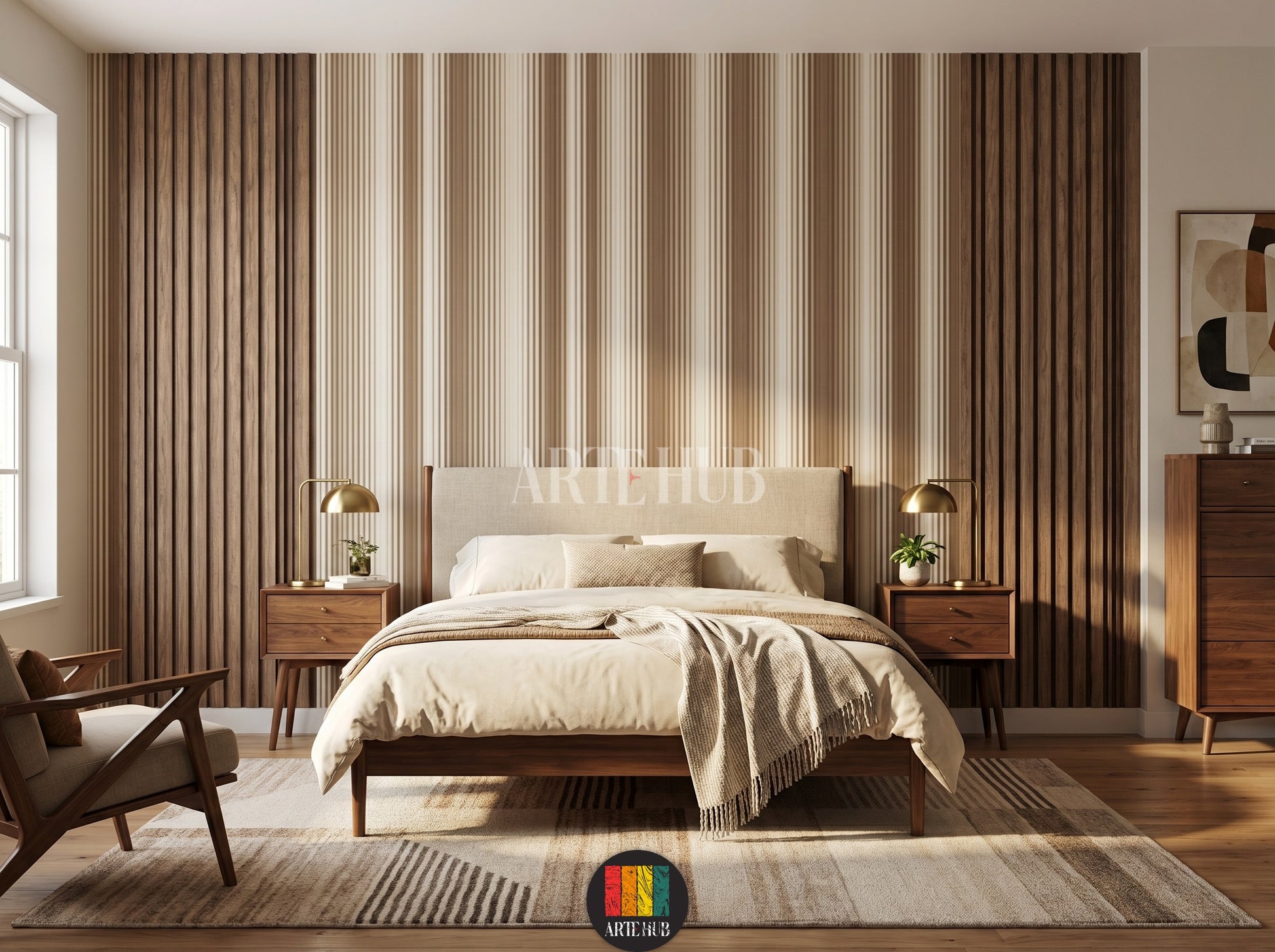 A luxury bedroom featuring a vertical wood slat effect wallpaper design, creating a modern and warm atmosphere for home decor in Egypt.
room: bedroom