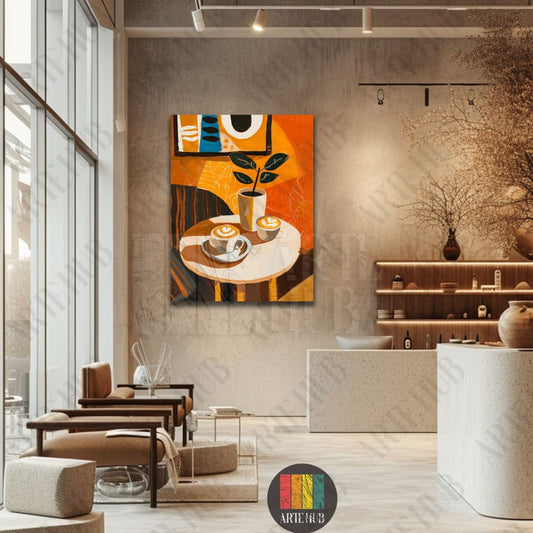 Abstract orange canvas wall art showing a modern coffee scene with plants, ideal for luxury home decor and cafe interiors in Egypt.