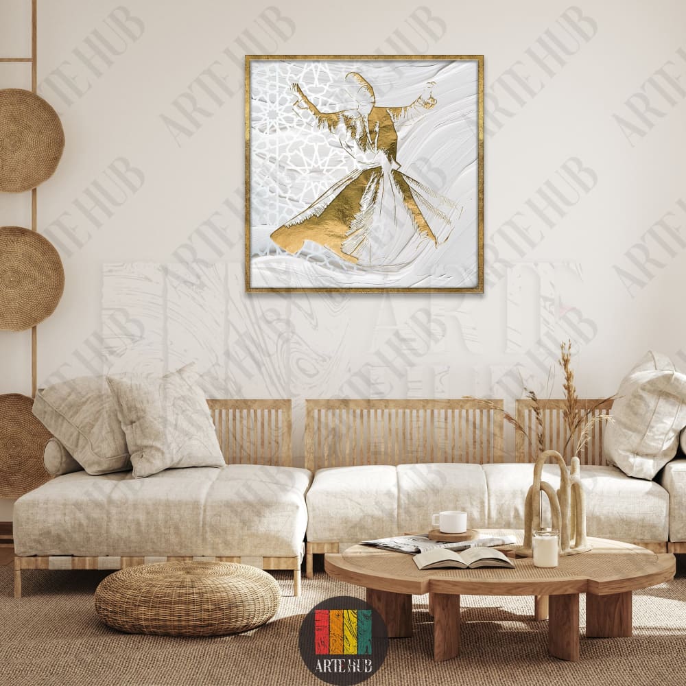 A premium gold foil whirling dervish canvas wall art piece with white textured abstract patterns and Islamic geometric motifs in a modern luxury living room.