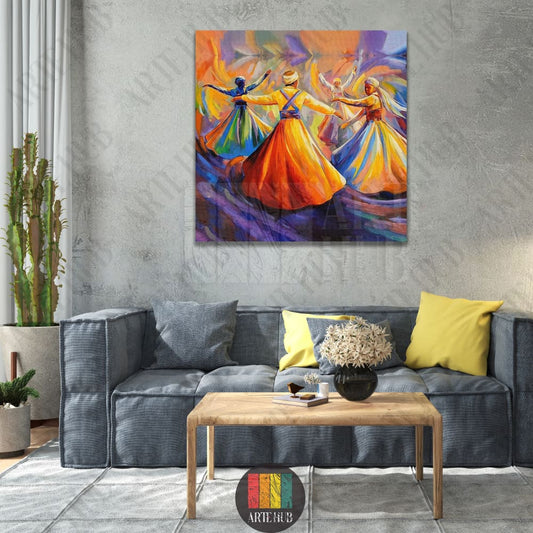 A vibrant, colorful impressionist painting of whirling dervishes performing a spiritual dance on square canvas wall art in a modern living room.