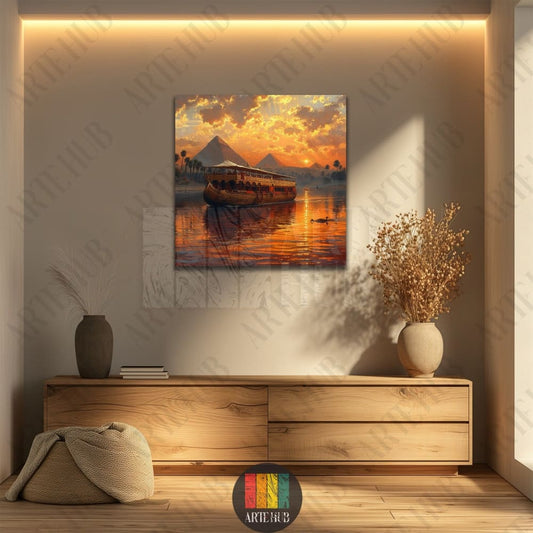 A traditional Egyptian Dahabiya boat on the Nile River at sunset with the Giza pyramids in the background, luxury canvas wall art for modern home decor.