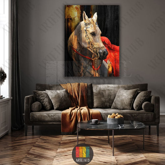 A luxurious vertical canvas wall art featuring a detailed painting of a white Arabian horse with golden bridles against a dark background in a modern living room setting.