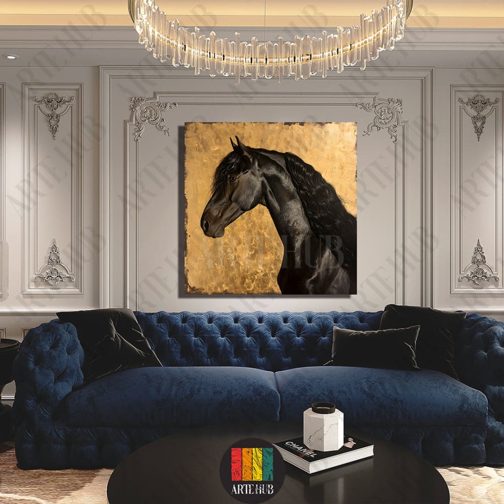 Elegant black horse portrait canvas art with a golden background displayed in a luxury living room, perfect for modern home decor in Egypt.