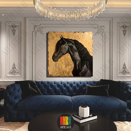 Elegant black horse portrait canvas art with a golden background displayed in a luxury living room, perfect for modern home decor in Egypt.