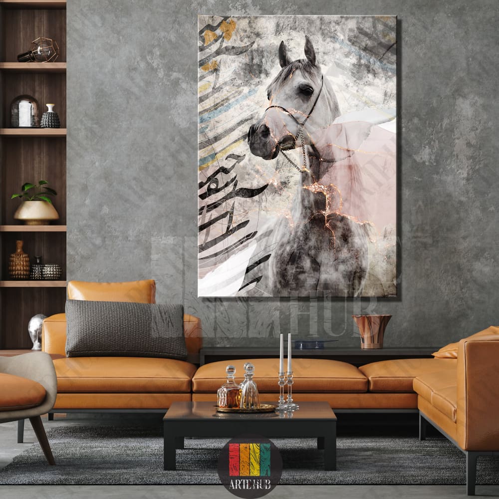Modern canvas wall art showing a white Arabian horse blended with artistic Arabic calligraphy and abstract textures for a luxury living room in Egypt.
