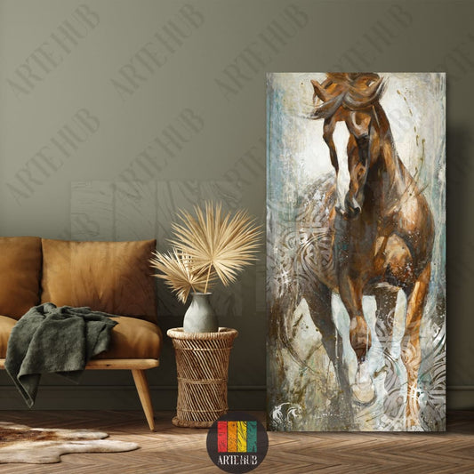 A vertical canvas wall art depicting a majestic brown horse in an expressive, abstract painting style, perfect for modern living rooms in Egypt.