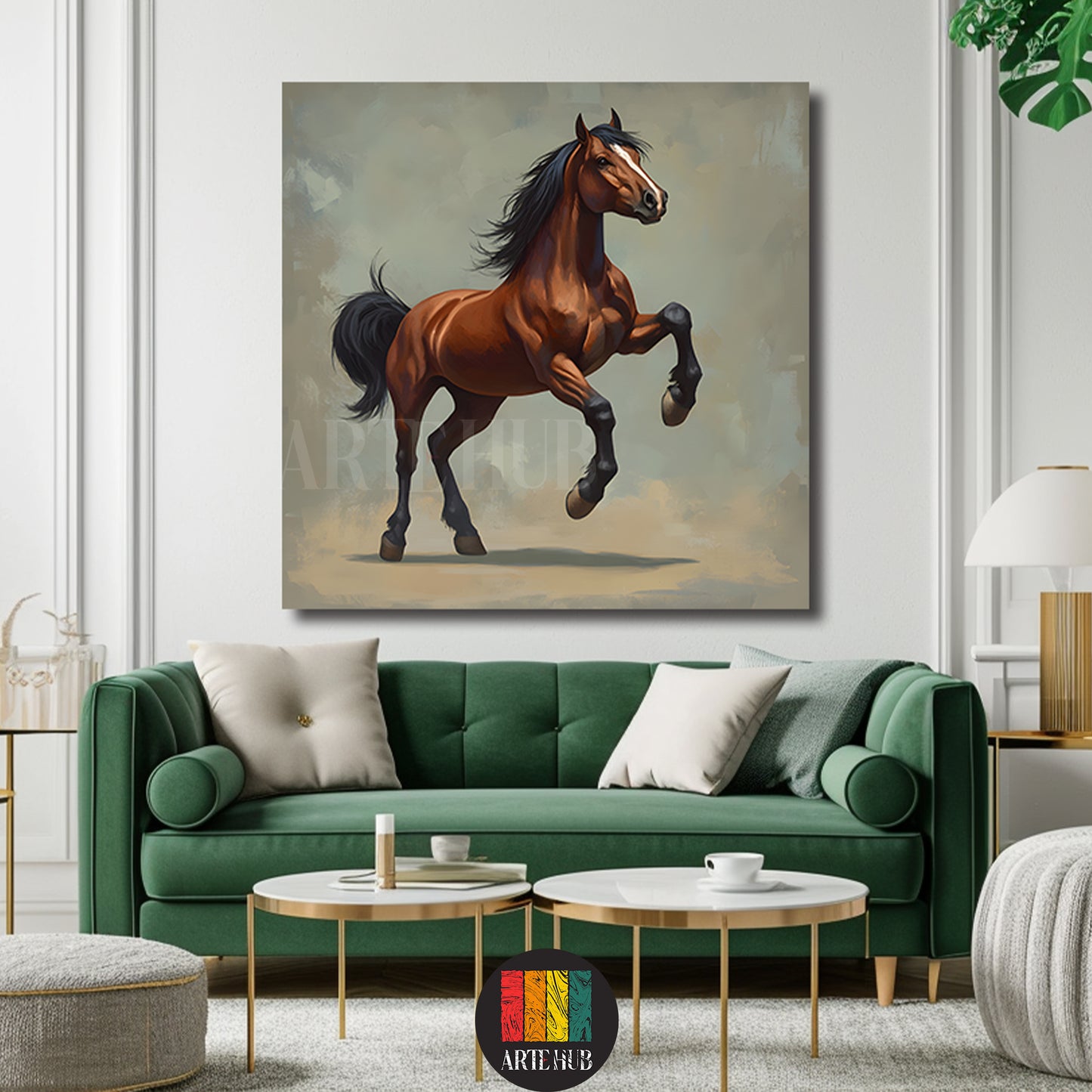 A majestic brown horse rearing up in an artistic painting style, displayed as premium canvas wall art in a modern living room setting.
