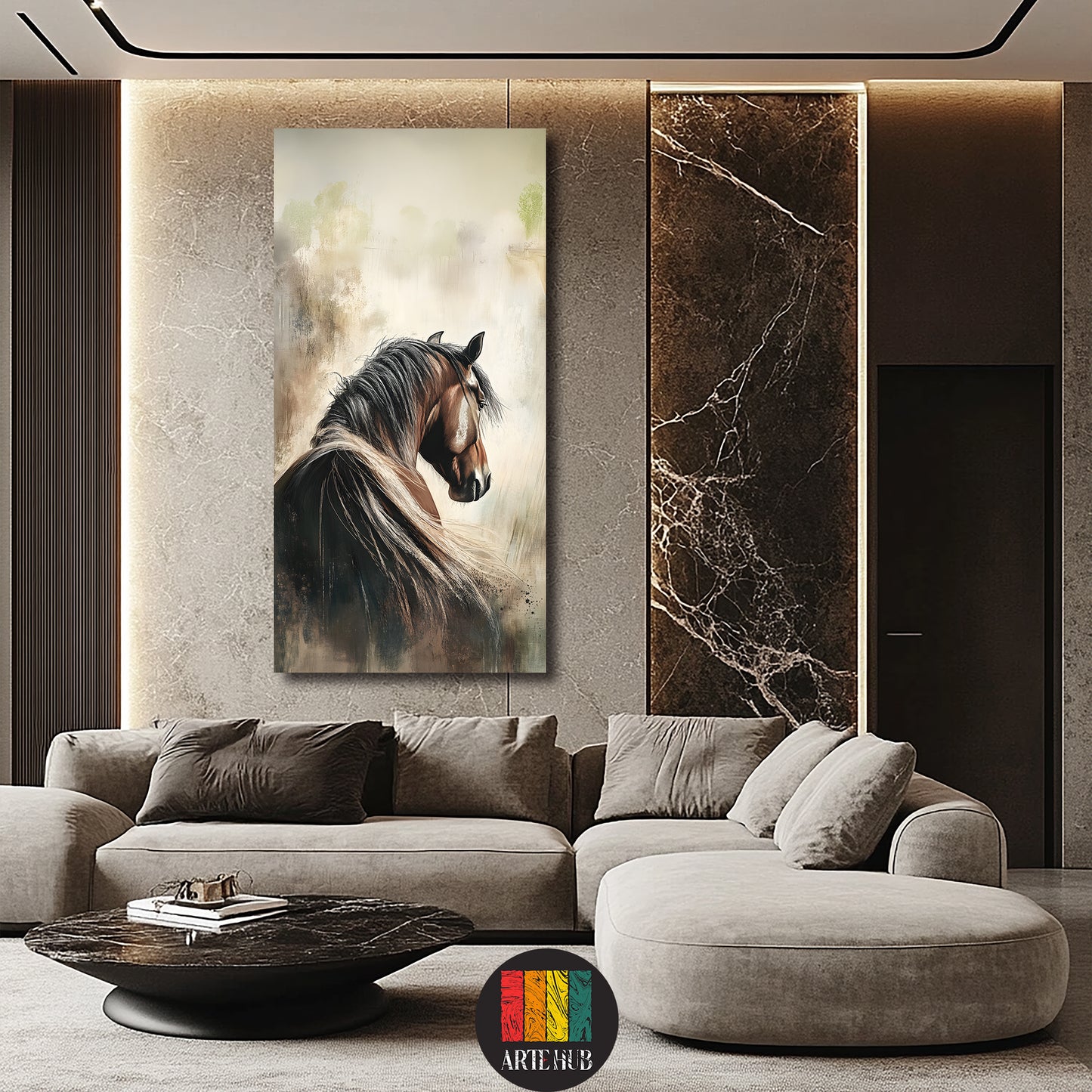 A stunning vertical canvas wall art featuring a majestic brown stallion with a textured mane in earthy tones, ideal for luxury modern home decor in Egypt.