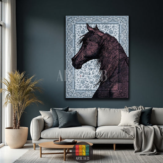 Artistic profile of a dark horse against a vintage blue patterned background, elegant canvas wall art piece for modern home decor in Egypt.