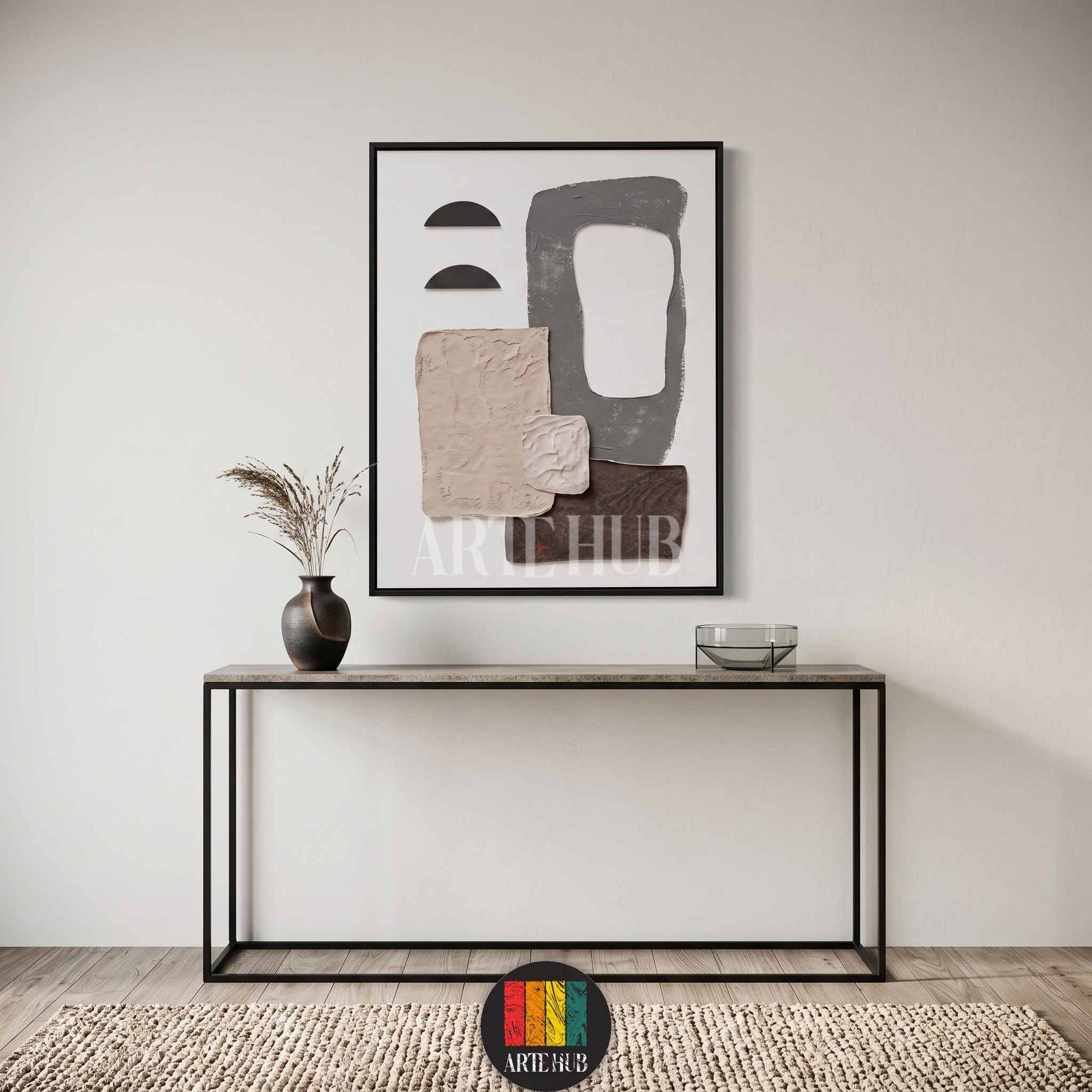 Minimalist abstract canvas wall art featuring textured geometric shapes in neutral tones, framed for a modern living room in Egypt.