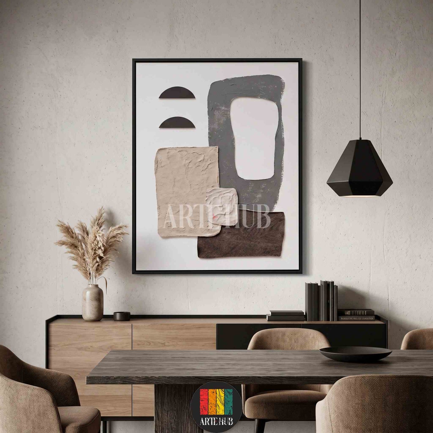 Minimalist framed canvas wall art featuring textured abstract shapes in neutral earth tones, displayed in a modern dining room setting in Egypt.