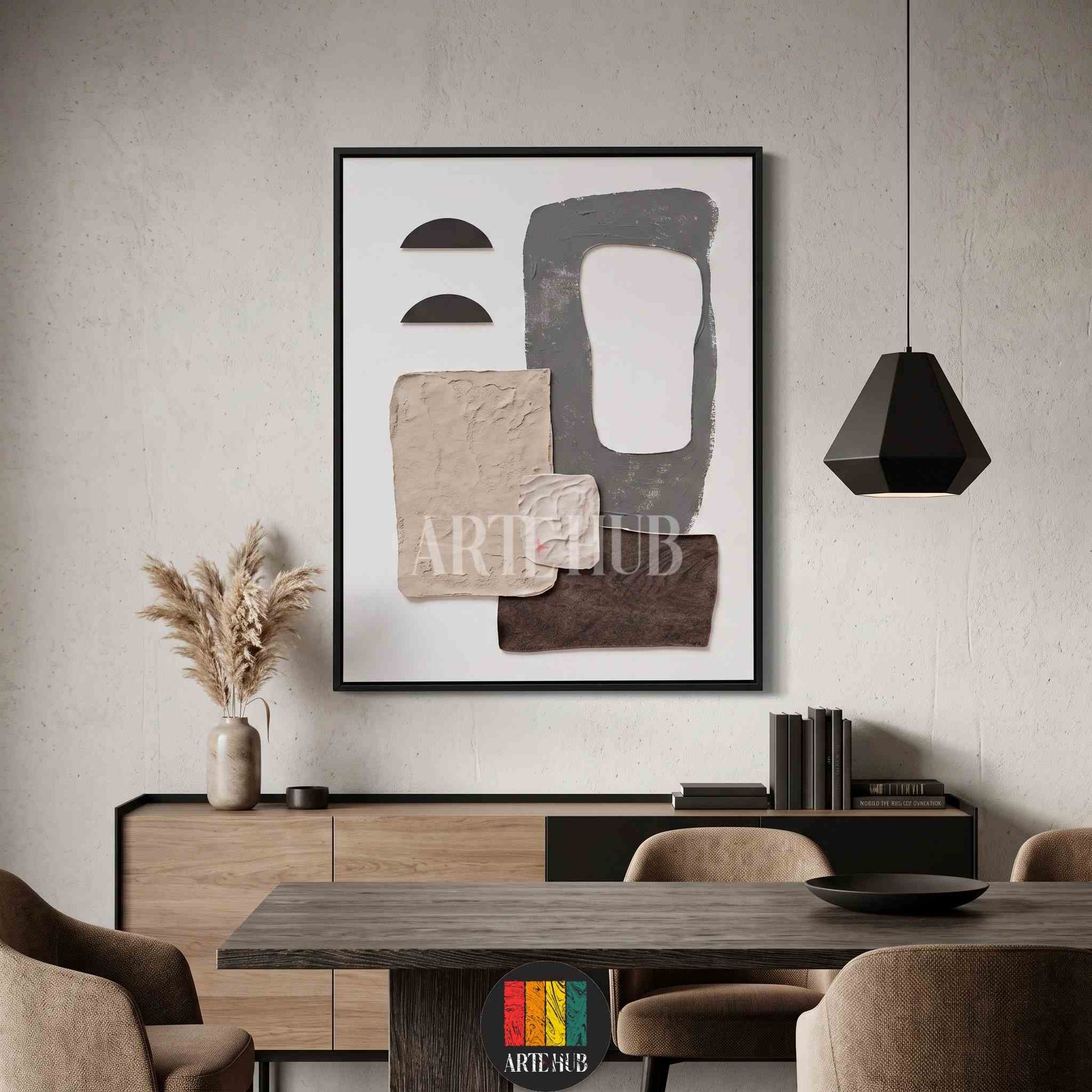 Minimalist framed canvas wall art featuring textured abstract shapes in neutral earth tones, displayed in a modern dining room setting in Egypt.
