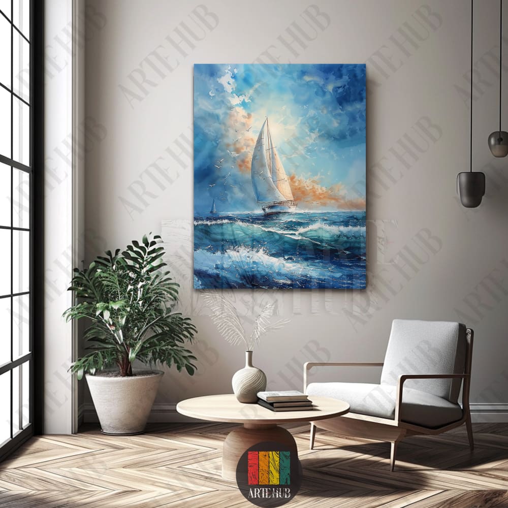 Impressionist watercolor painting of a white sailboat on vibrant blue ocean waves, luxury canvas wall art for modern home decor in Egypt.