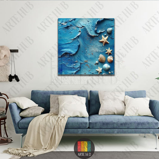 Textured blue impasto canvas wall art featuring 3D-effect starfish and seashells, premium modern wall decor for luxury homes in Egypt.