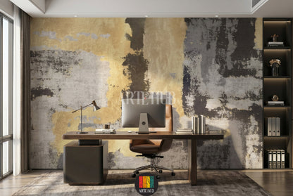 Full shot of a living room featuring a modern abstract wallpaper in gold, grey, and dark brown tones, resembling aged patina texture. The room includes a beige sofa with cushions, a wooden coffee table, and a floor lamp, showcasing stylish home decor in Egypt.
صورة كاملة لغرفة معيشة تتميز بورق حائط تجريدي عصري بألوان ذهبية، رمادية وبنية داكنة، يشبه ملمس الصدأ أو الطبقة القديمة. الغرفة تحتوي على أريكة بيج ووسائد، طاولة قهوة خشبية، ومصباح أرضي، مما يعرض ديكور منزل أنيق في مصر.
room: office