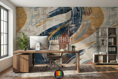 A modern dining room featuring a striking abstract wallpaper with bold blue, yellow, and beige brushstrokes. The room includes a wooden dining table, beige upholstered chairs, and a contemporary chandelier, enhancing stylish home decor in Egypt.
غرفة طعام عصرية مع ورق حائط تجريدي مميز بضربات فرشاة جريئة باللون الأزرق والأصفر والبيج. تشمل الغرفة طاولة طعام خشبية وكراسي منجدة بيج وثريا حديثة، مما يعزز الديكور المنزلي الأنيق في مصر.
room: office