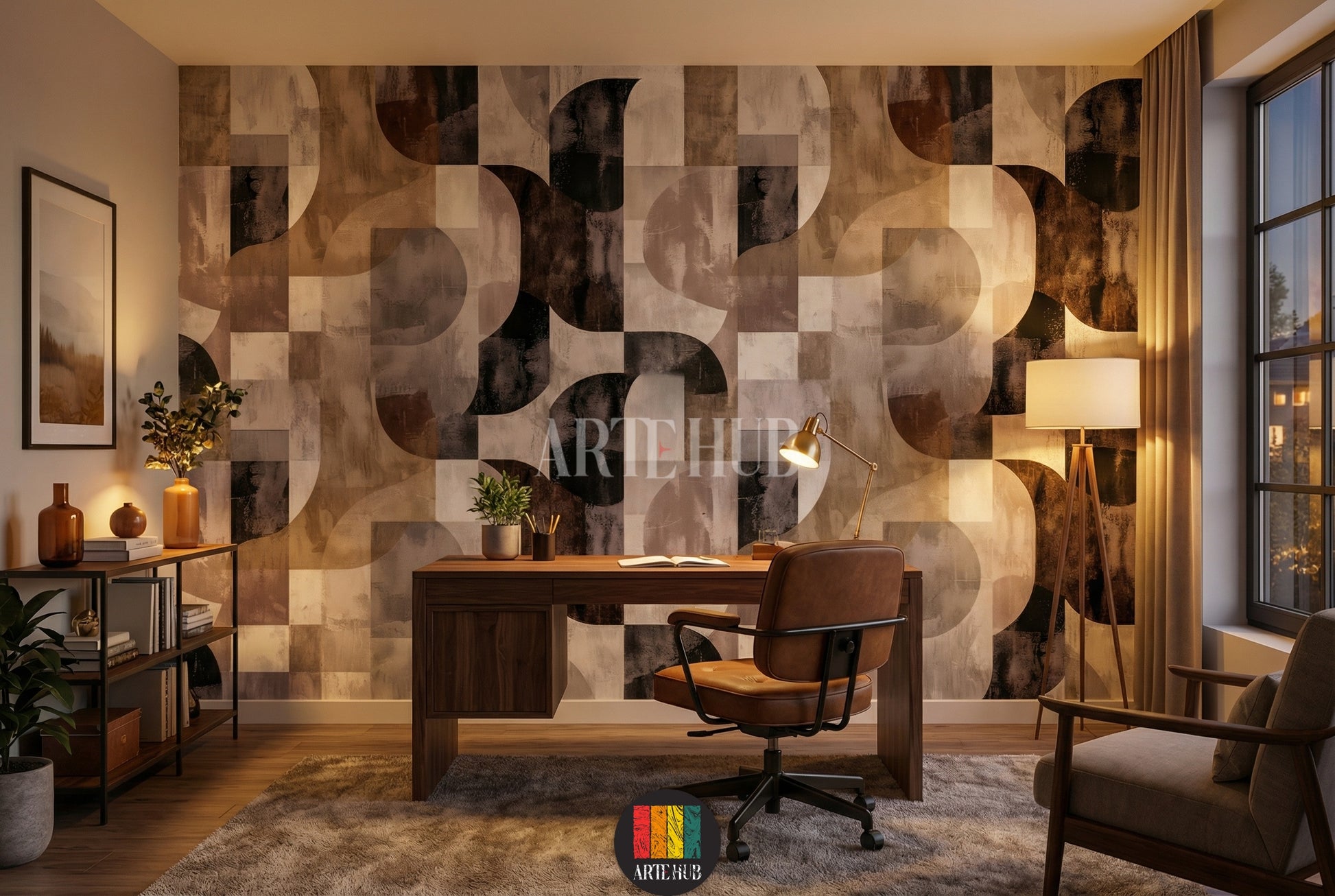 A living room featuring a modern geometric abstract wallpaper with interlocking arcs and squares in earthy tones of brown, beige, grey, and black, enhancing contemporary interior decor in Egypt. A white sofa, gold coffee table, and pampas grass complete the stylish setting.
غرفة معيشة حديثة تتميز بورق حائط بتصميم هندسي تجريدي بأقواس ومربعات متداخلة بألوان ترابية من البني والبيج والرمادي والأسود، مما يعزز الديكور الداخلي المعاصر في مصر. 
room: office